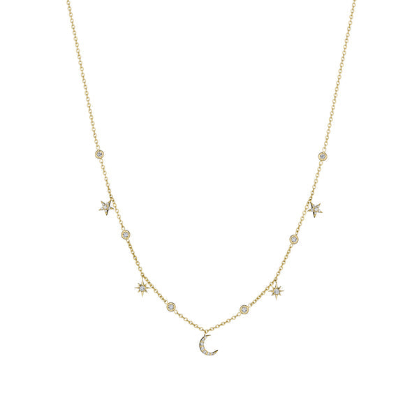 Diamond Hanging Moon and Star Necklace
