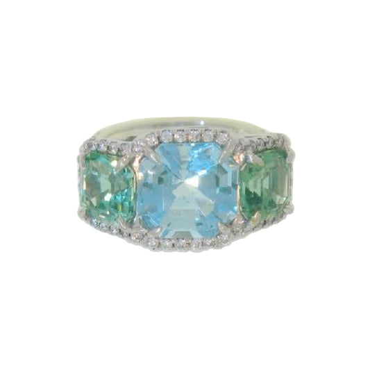 Aquamarine and Green Tourmaline Three-Stone Ring with Diamonds