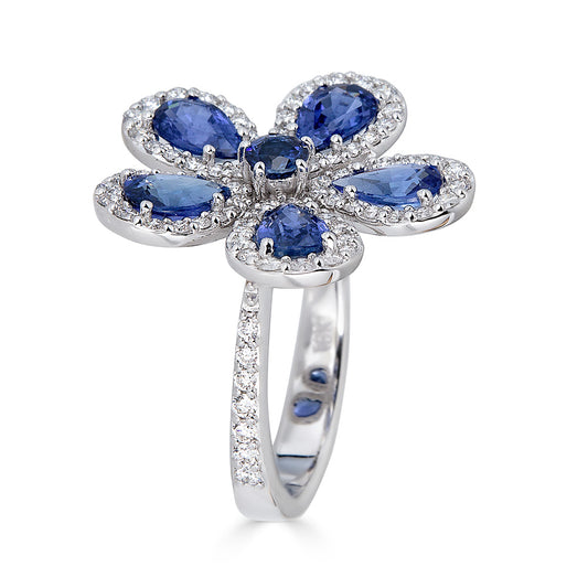 Blue Sapphire & Diamond Classic Flower Ring