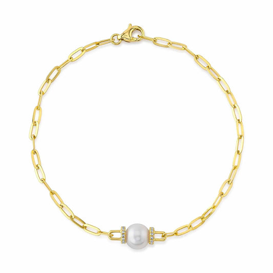 Cultured Pearl and Diamond Paperclip Link Bracelet