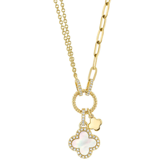 Mother of Pearl & Diamond Clover Paperclip Link Necklace