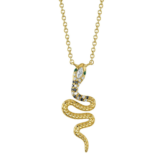 Diamond, Black Diamond, and Emerald Snake Necklace