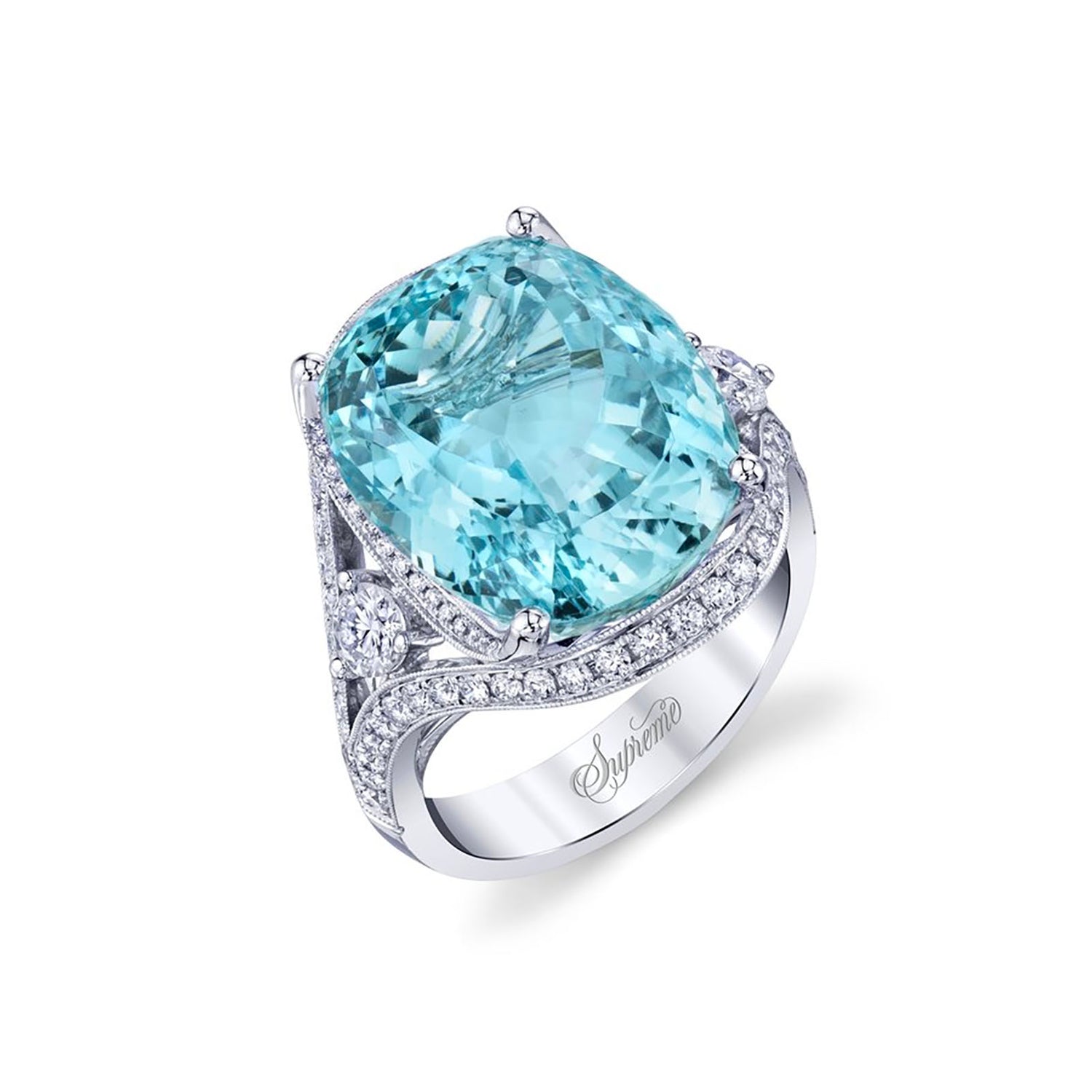 Aquamarine Cocktail Ring with Diamonds by Supreme Jewelry