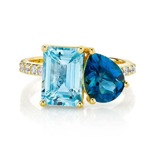 Two-Stone Blue Topaz Ring with Diamonds