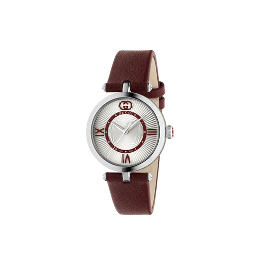Gucci Model 2000 Stainless Steel Silver Dial Red Leather Strap Quartz