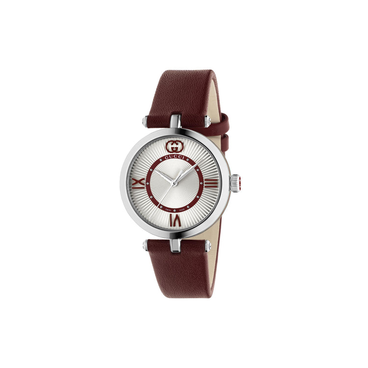 Gucci Model 2000 Stainless Steel Silver Dial Red Leather Strap Quartz