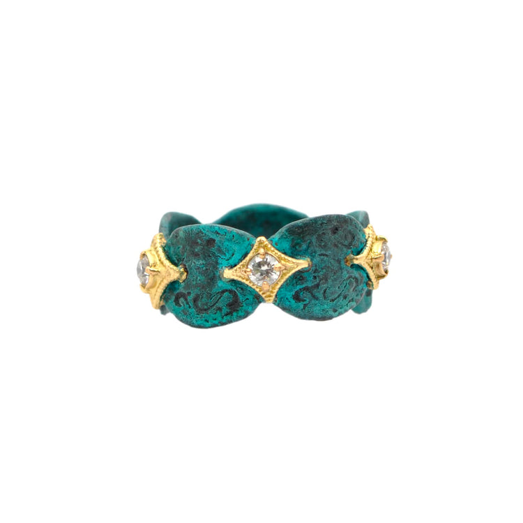 Teal Patina Diamond Artifact Coin Ring