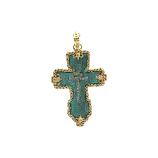 Teal Patina Diamond Cross Pendant