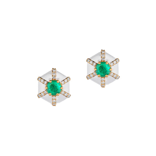 Emerald, Diamond, and White Enamel Earrings