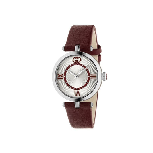 Gucci Model 2000 Stainless Steel Silver Dial Red Leather Strap Quartz