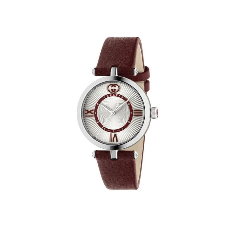 Gucci Model 2000 Stainless Steel Silver Dial Red Leather Strap Quartz