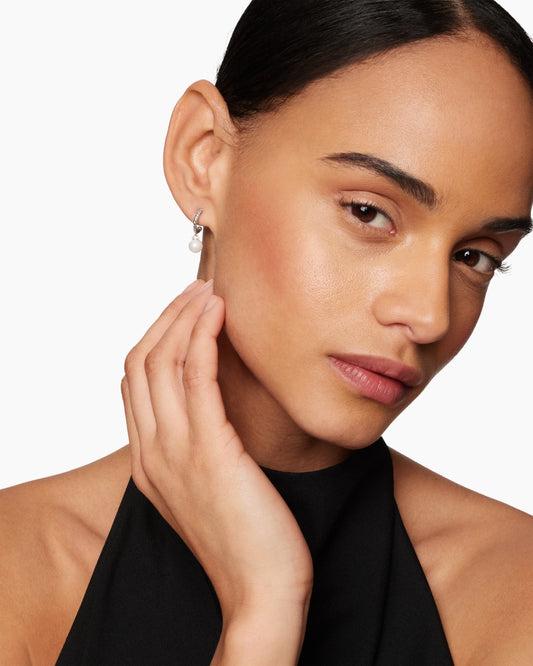 Pearl and Pave Drop Earrings in Sterling Silver with Diamonds