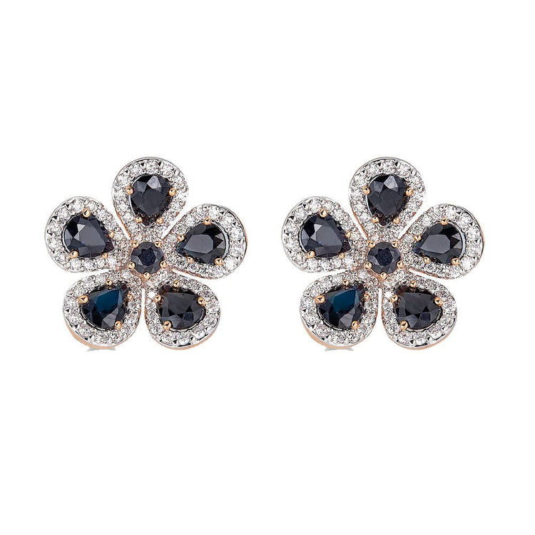 Black Sapphire & Diamond Flower Earrings - Piranesi- Diamond Cellar