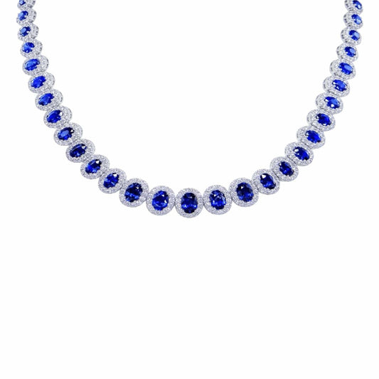 Blue Sapphire & Diamond Graduated Halo Necklace - Diamond Cellar- Diamond Cellar