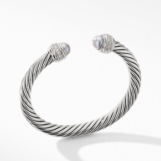 Cable Bracelet with Grey Pearls and Pave Diamonds - David Yurman- Diamond Cellar