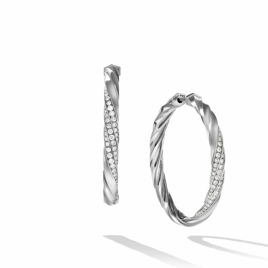 Cable Edge Hoop Earrings in Recycled Sterling Silver with Pave Diamonds - David Yurman- Diamond Cellar