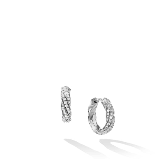 Cable Edge Huggie Hoop Earrings in Recycled Sterling Silver with Pave Diamonds - David Yurman- Diamond Cellar