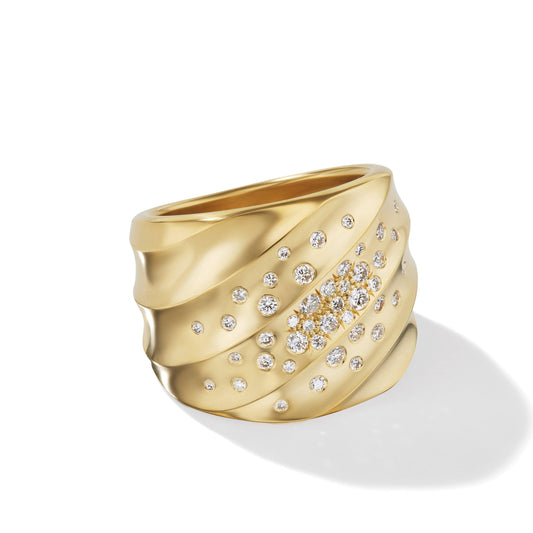 Cable Edge Saddle Ring in Recycled 18K Yellow Gold with Pave Diamonds - David Yurman- Diamond Cellar