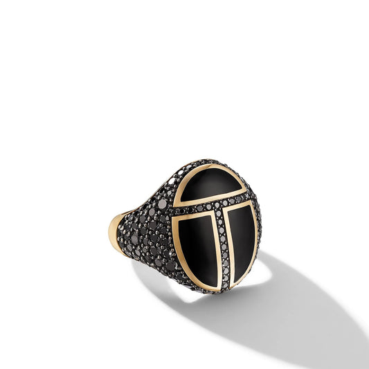 Cairo Signet Ring in 18K Yellow Gold with Black Onyx and Pave BlackDiamonds - David Yurman- Diamond Cellar