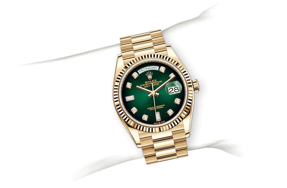 Rolex day date sales 36 gold green