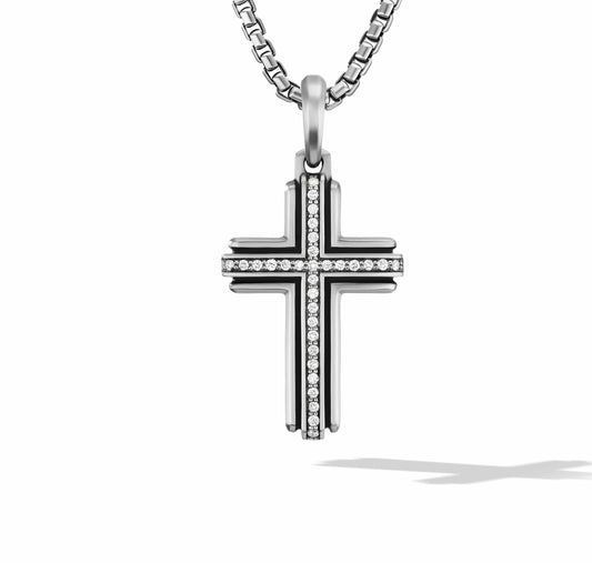 Deco Cross Pendant in Sterling Silver with Pave Diamonds - David Yurman- Diamond Cellar