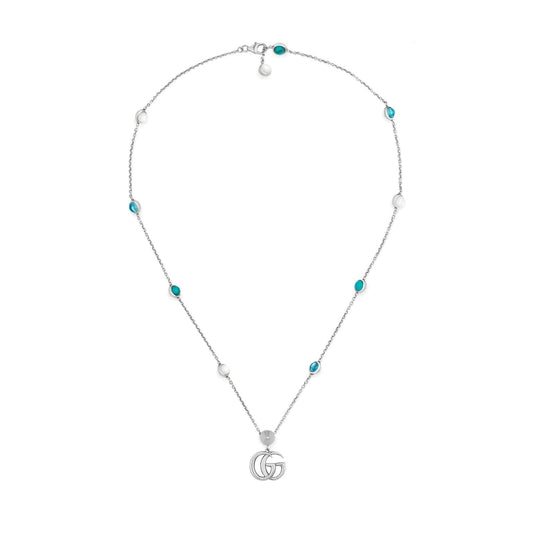 Double G Necklace with Mother of Pearl and Blue Topaz Stations - Gucci- Diamond Cellar