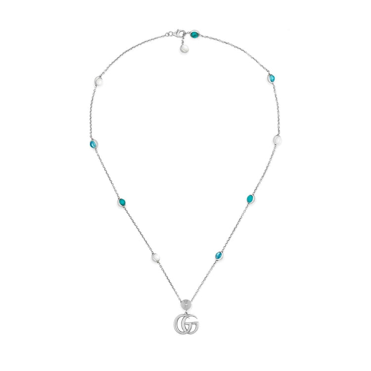 Double G Necklace with Mother of Pearl and Blue Topaz Stations - Gucci- Diamond Cellar