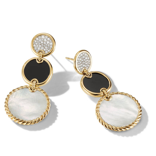 DY Elements Triple Drop Earrings in 18K Yellow Gold with Mother of Pearl, Black Onyx and Pave Diamonds - David Yurman- Diamond Cellar