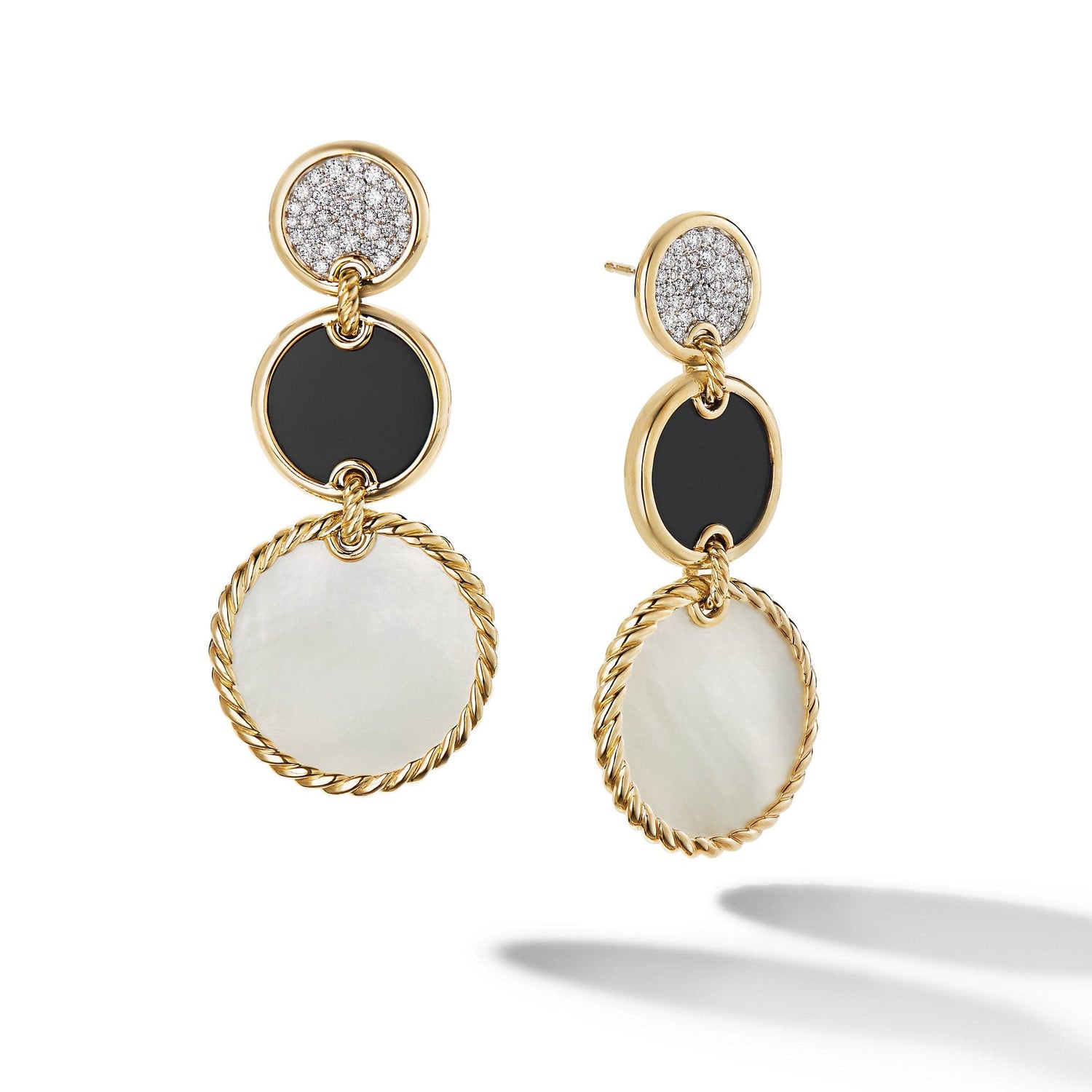 DY Elements Triple Drop Earrings in 18K Yellow Gold with Mother of Pearl, Black Onyx and Pave Diamonds - David Yurman- Diamond Cellar