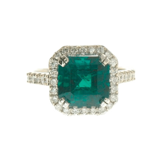 Emerald and Diamond Halo Ring - Diamond Cellar- Diamond Cellar