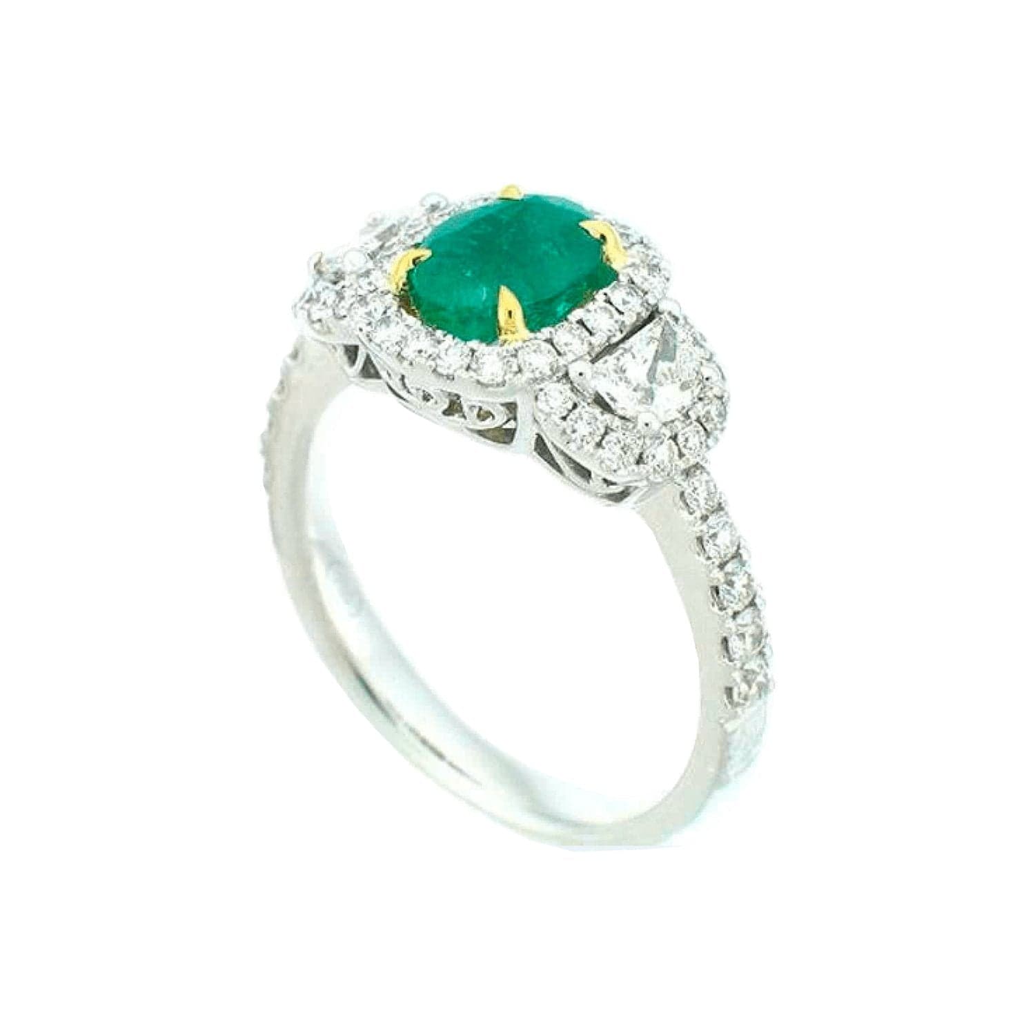 Emerald and Diamond Three-Stone Halo Ring - Diamond Cellar- Diamond Cellar