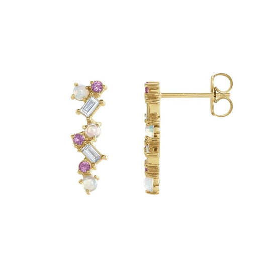 Ethiopian Opal, Pink Sapphire, & Diamond Scattered Bar Earrings - Diamond Cellar- Diamond Cellar