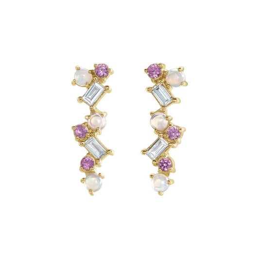 Ethiopian Opal, Pink Sapphire, & Diamond Scattered Bar Earrings - Diamond Cellar- Diamond Cellar