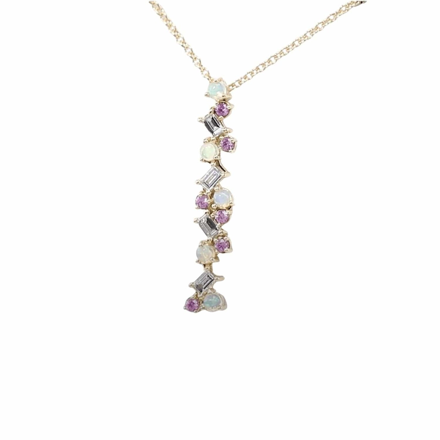 Ethiopian Opal, Pink Sapphire & Diamond Scattered Bar Necklace - Diamond Cellar- Diamond Cellar