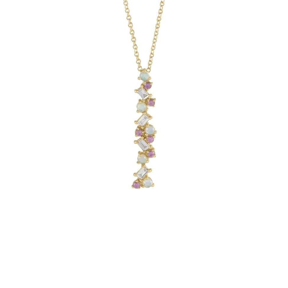 Ethiopian Opal, Pink Sapphire & Diamond Scattered Bar Necklace - Diamond Cellar- Diamond Cellar