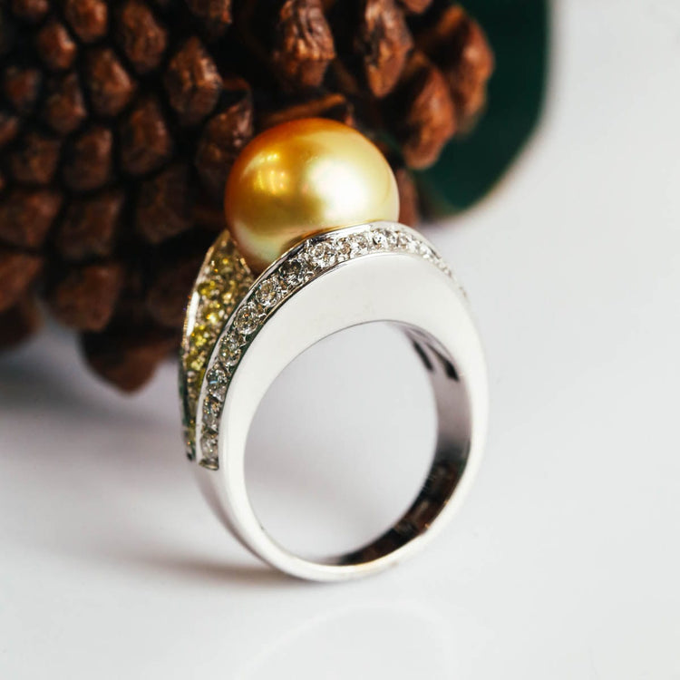 Golden Pearl Ring with Diamond Accents - Diamond Cellar- Diamond Cellar