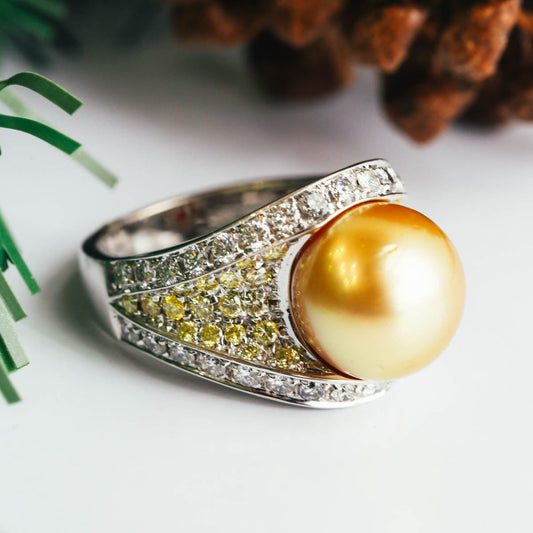 Golden Pearl Ring with Diamond Accents - Diamond Cellar- Diamond Cellar