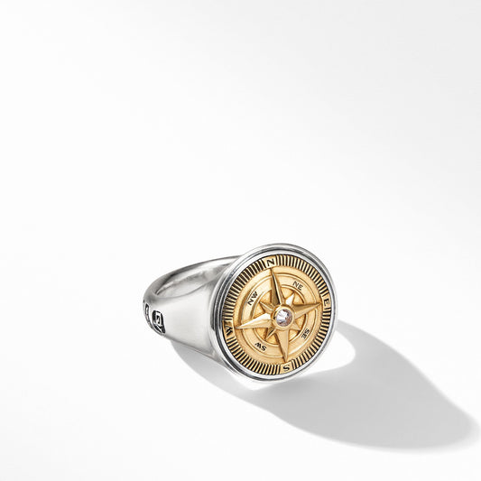Maritime Compass Signet Ring with 18K Yellow Gold and Center Diamond - David Yurman- Diamond Cellar