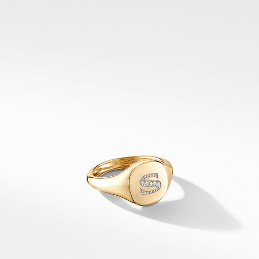 Mini DY Initial Pinky Ring in 18K Yellow Gold with Diamonds - David Yurman- Diamond Cellar