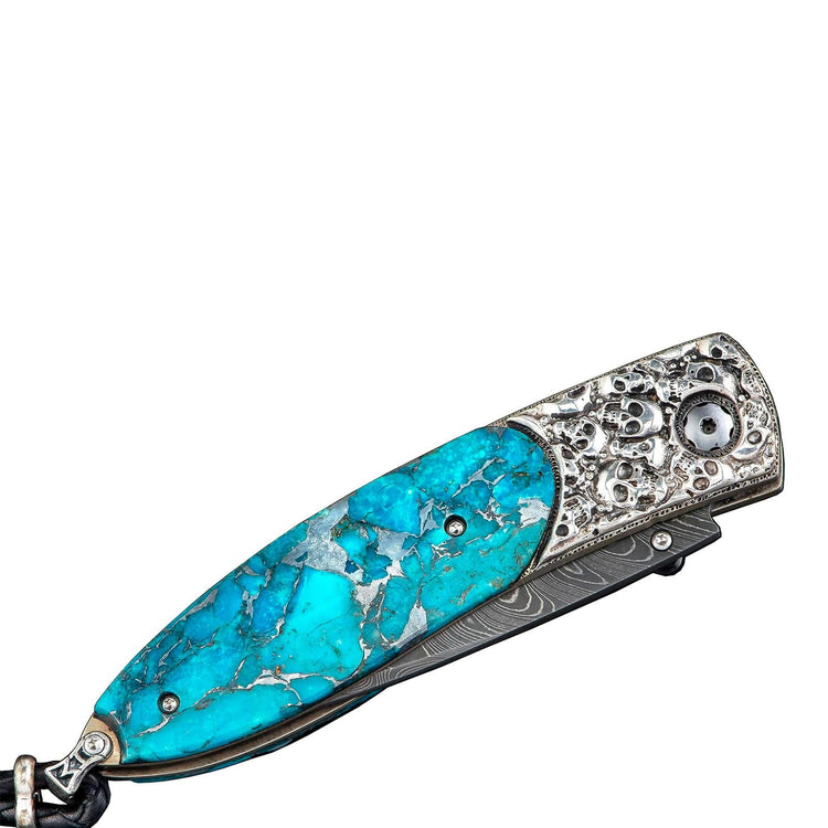5 Knife set with a Light Emprador Marble Handle, Swiss Blue Cubic Zirconia  Stone at the Back of the Knife and Turquoise and Brass Decorative Rings :  Craftstone Knives