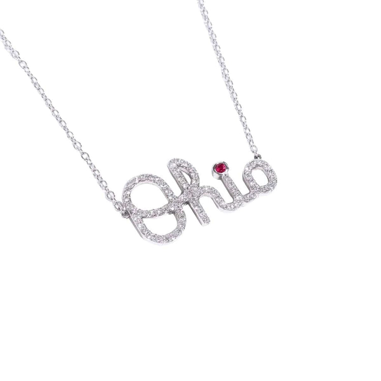 OSU Diamond Script Ohio Necklace with Ruby Accent - Diamond Cellar- Diamond Cellar