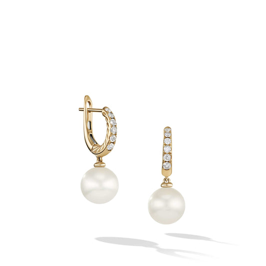 Pearl and Pave Drop Earrings in 18K Yellow Gold with Diamonds - David Yurman- Diamond Cellar