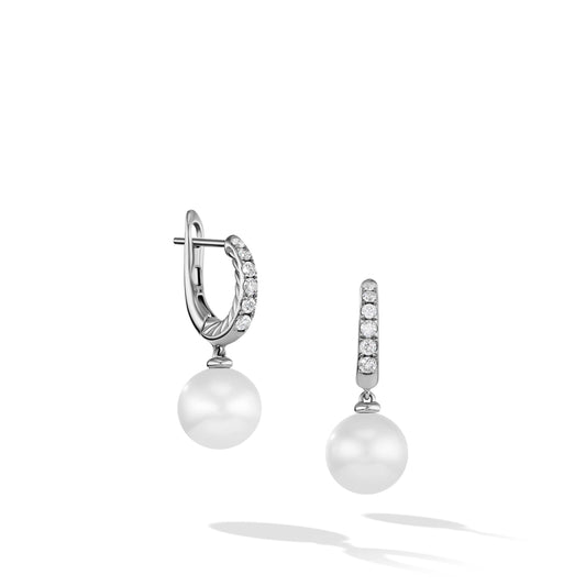 Pearl and Pave Drop Earrings in Sterling Silver with Diamonds - David Yurman- Diamond Cellar