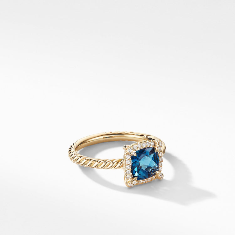 Petite Chatelaine Pave Bezel Ring in 18K Yellow Gold with Hampton Blue Topaz - David Yurman- Diamond Cellar
