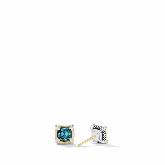 Petite Chatelaine Stud Earrings with Hampton Blue Topaz, 18K Yellow Gold Bezel and Pave Diamonds - David Yurman- Diamond Cellar