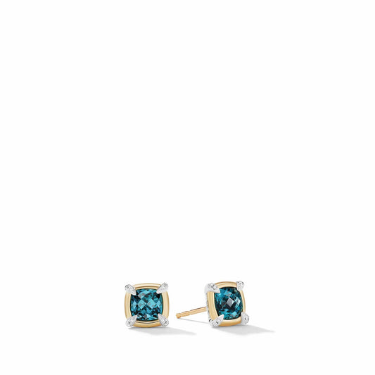 Petite Chatelaine Stud Earrings with Hampton Blue Topaz, 18K Yellow Gold Bezel and Pave Diamonds - David Yurman- Diamond Cellar