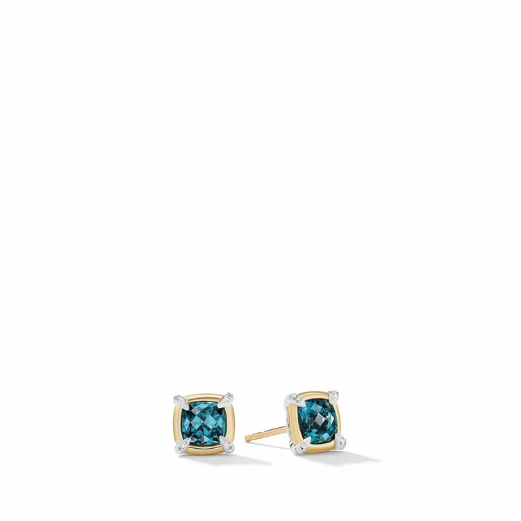 Petite Chatelaine Stud Earrings with Hampton Blue Topaz, 18K Yellow Gold Bezel and Pave Diamonds - David Yurman- Diamond Cellar