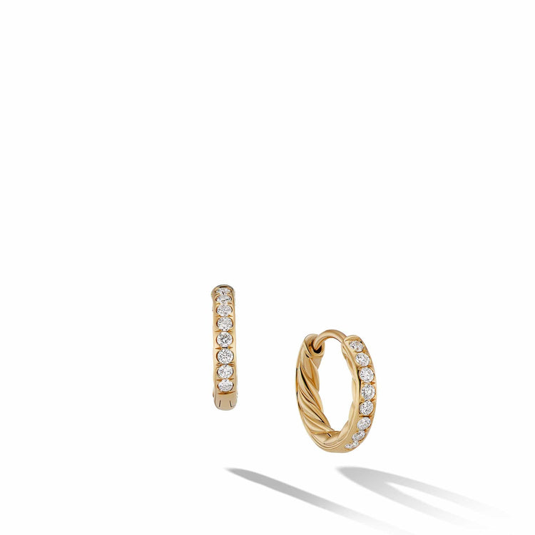 Sculpted Cable Huggie Hoop Earrings in 18K Yellow Gold with Pave Diamonds - David Yurman- Diamond Cellar