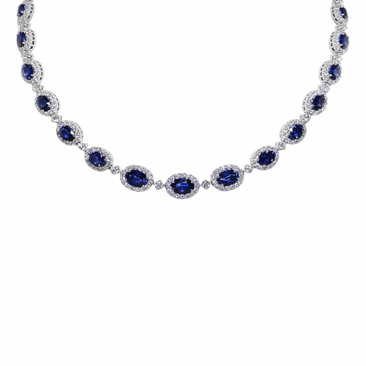 Sri Lanka Blue Sapphire & Diamond Graduated Halo Necklace - Diamond Cellar- Diamond Cellar