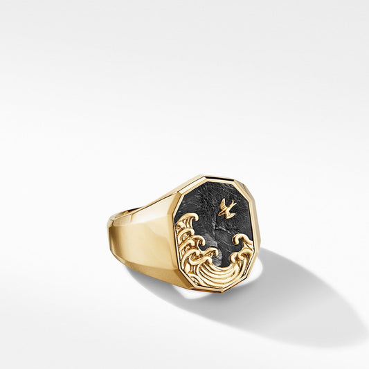 Waves Signet Ring in 18K Yellow Gold with Forged Carbon - David Yurman- Diamond Cellar